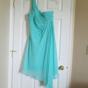 Aqua blue crepe over the shoulder asymmetrical for